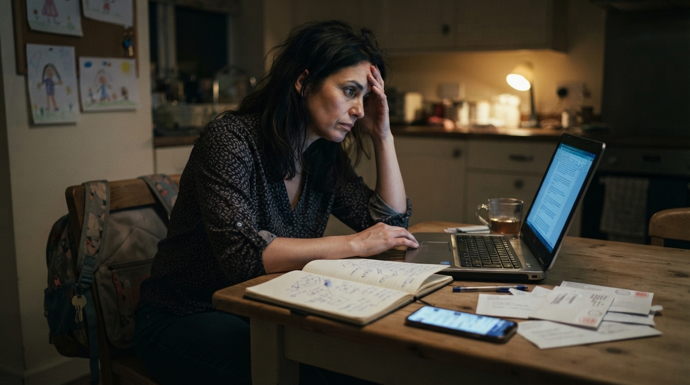 Exhausted working parent researching side hustles late at night